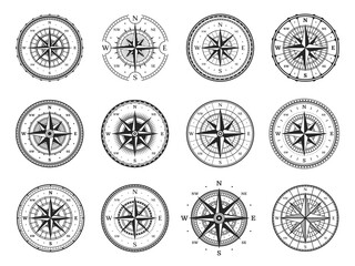 Old compass, vintage map wind rose, marine navigation and nautical cartography, vector direction stars. Retro seafaring compass with south, east, north and west arrow direction on wind rose - obrazy, fototapety, plakaty