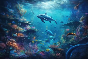 Naklejka na ściany i meble beautiful sea world backdrop with dolphin and corals