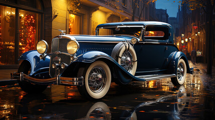 A Blue Color Car Parked Outside A Garage Blurry Background