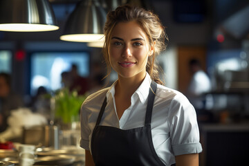 Young women cook at work. Women chef in a professional kitchen. Food service. Restaurant. AI. 