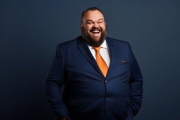 Slightly overweight businessman smiling confidently. Bold and vibrant clean minimalist studio portrait, copy space. - obrazy, fototapety, plakaty