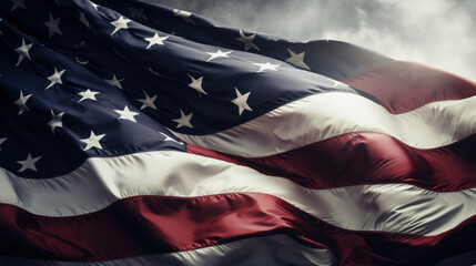 A dark, vintage-style American flag billows, evoking a somber Presidents' Day mood - obrazy, fototapety, plakaty