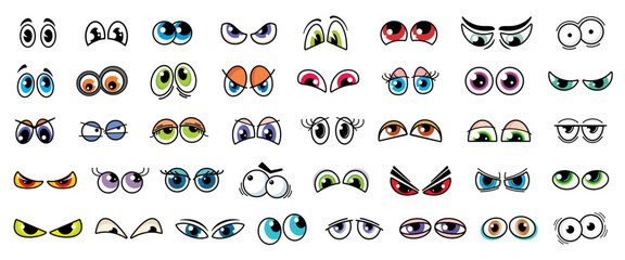 Cartoon comic eyes isolated vector set. Funny looks expressing different emotions. Kind, angry, surprised and sad, suspect, evil, loving, wow or bored eyes for characters and personages creation kit