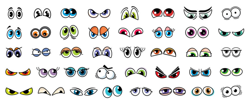 Cartoon comic eyes isolated vector set. Funny looks expressing different emotions. Kind, angry, surprised and sad, suspect, evil, loving, wow or bored eyes for characters and personages creation kit