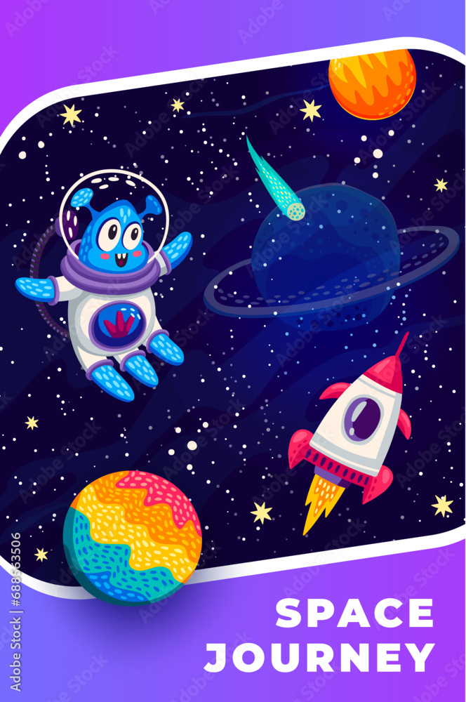 Poster cartoon alien and rocket spaceship in starry galaxy space with planets and stars, vector poster. spa