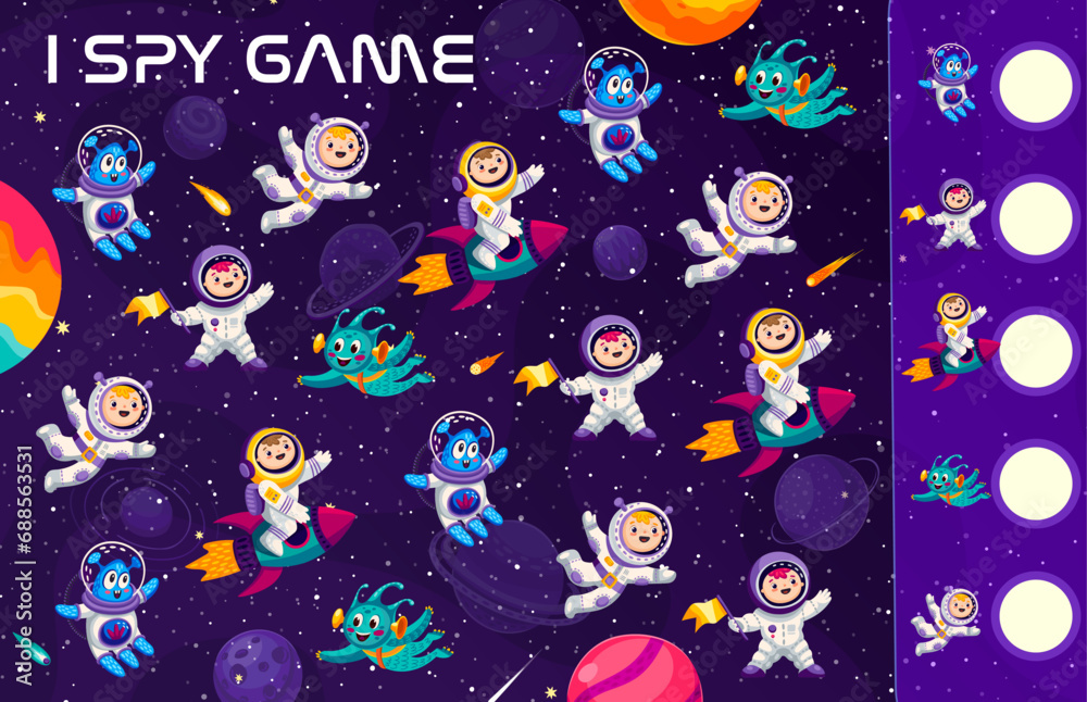 Poster I spy game, cartoon spaceman and astronaut characters in outer space, vector quiz worksheet for kids. Quiz puzzle to find and match same cartoon space alien martian and spaceman on rocket spaceship
