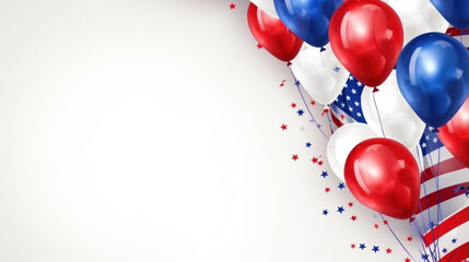 Patriotic balloons in red, white, and blue, celebrating Presidents' Day on a flag backdrop