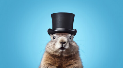 Stylish groundhog in top hat ready for its weather forecast - obrazy, fototapety, plakaty