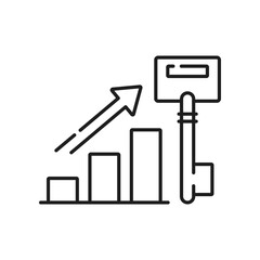 Key symbol, keywords rating growth sign. Keyword key with arrow growing up, seo and words search isolated outline icon. Vector ranking increase sign