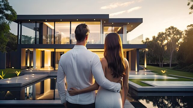 Back view of young couple and their new dream private house. Postproducted generative AI illustration.	