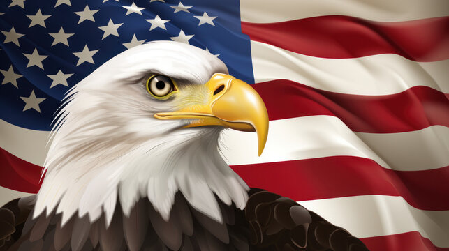 Bald eagle with intense gaze against the US flag, a symbol of Presidents' Day pride
