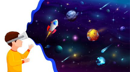Boy kid in VR helmet dreaming about galaxy and space flight to planets, cartoon vector. Child boy in virtual reality glasses look in space sky with rocket spaceship on cosmic planets and galaxy stars
