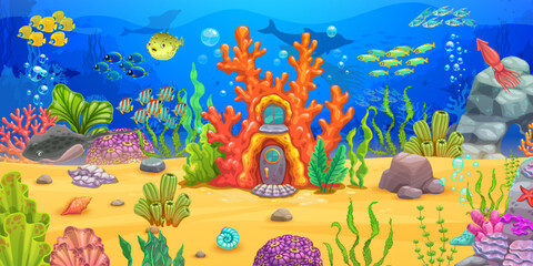 Ocean coral reef house and underwater landscape for game level map, vector cartoon stingray, fish shoal and seaweeds. Undersea house building in coral for underwater adventure game level background