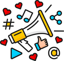 Marketing icon, SEM or search engine marketing pictogram for digital media, vector pictogram. Business marketing and brand promotion in social media by SEM or SEO, megaphone and thumb up likes icons