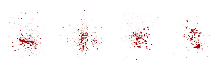 Splatter Set. Blood Stain Collection. Paint Brush Red Splat, Grunge Texture. Drop Spatter, Horror Bloodstain Splash, Ink Spray. Abstract Design on White Background. Isolated Vector Illustration