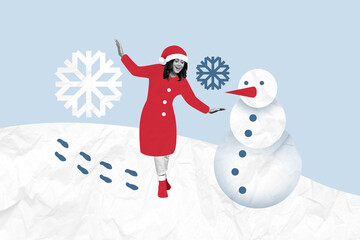 Collage 3d of pinup pop retro sketch of funny female build snowman christmas new year greeting card...