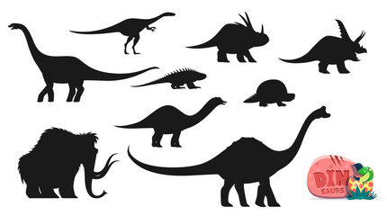 Cartoon dinosaurs dino character silhouettes. Elaphrosaurus, Styracosaurus and Chasmosaurus, Euhelopus, Shansisuchus, Glyptodon and Amargasaurus, Mammoth and Pelorosaurus animal silhouettes