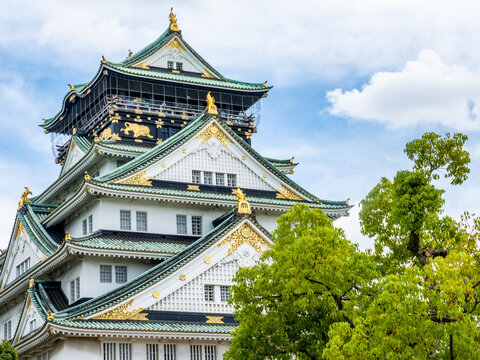 Osaka, JAPAN - 2023 July 30 : Osaka Castle in a beautiful sky day in Summer Season