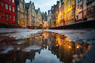 Old town tenements reflecting in a puddle after rain