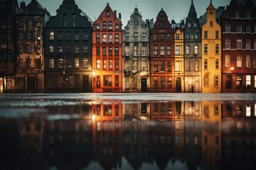Fototapeta na wymiar Old town tenements reflecting in a puddle after rain