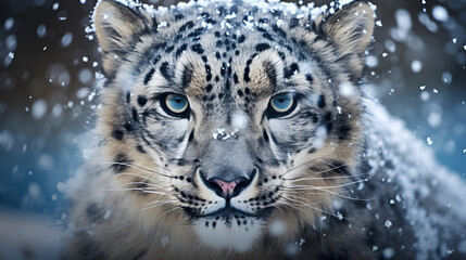 Close up of a snow leopard, snow leopard Ai generated technology, Jonge witte tijger gromt, White Tiger in Snowy Forest
