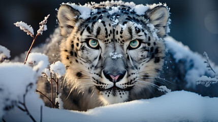 Fototapeta na wymiar portrait of a tiger, Portrait of a fierce and curious Snow Leopard, Portrait of a beautiful white leopard in snow in winter, wild animal look, Snow leopard with long taill, sitting in nature stone 