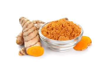 Bowl with aromatic turmeric powder and raw roots isolated on white