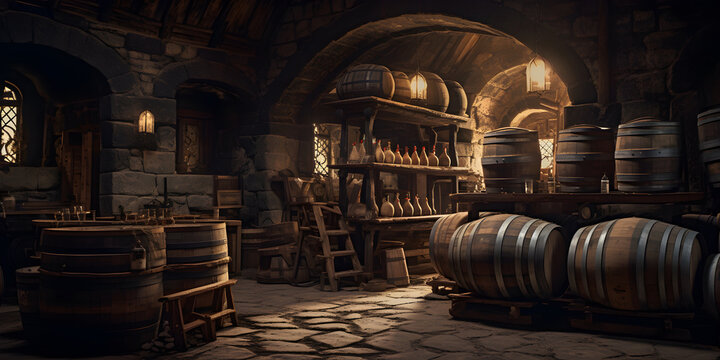 brewery cellar background, barrels, wine or beer, generative