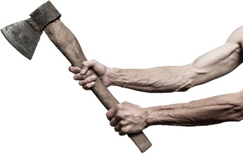 Image of a man's hand with an ax on a white background - obrazy, fototapety, plakaty