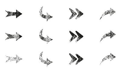 Grunge Arrow Set, Rough Pointer To Right. Grungy Arrows Button Collection. Navigation Marker. Direction Ink Texture Sign. Black Orientation Icon. Next Symbol. Isolated Vector Illustration