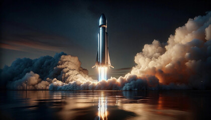Modern Space Rocket Launch Night Sky Starry Background Smoke Blast Travel Exploration Concept Idea. - obrazy, fototapety, plakaty