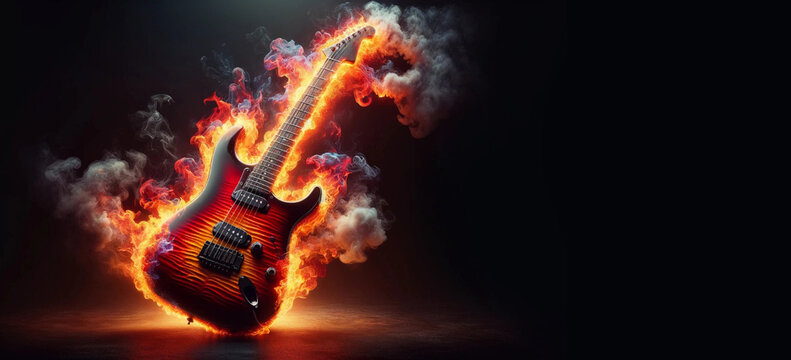 Electric Guitar in Flames, Conceptual image. Free space for Text.