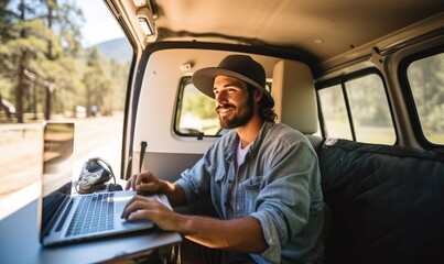Man Sitting in Van, Working on Laptop