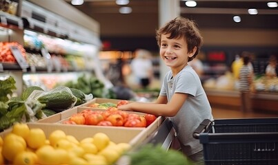 A Curious Young Boy Exploring a Vibrant Array of Fresh, Organic Vegetables