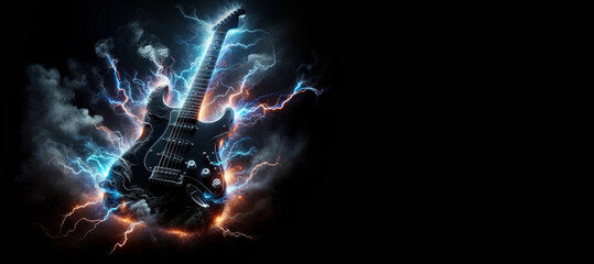 Rock Music Concept: Guitar in Flames and Electric Discharges. - obrazy, fototapety, plakaty