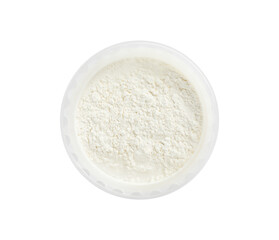Fototapeta na wymiar Rice loose face powder on white background, top view. Makeup product