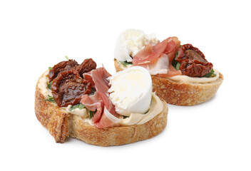 Delicious sandwiches with burrata cheese, ham and sun-dried tomatoes isolated on white