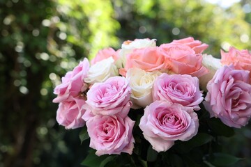 Beautiful bouquet of aromatic roses outdoors, closeup