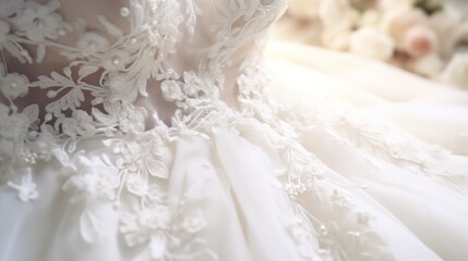 close-up view of a stunning white bridal gown adorned with intricate flower embroidery, detailed and delicate, creating an extraordinary look for a special wedding day. - obrazy, fototapety, plakaty