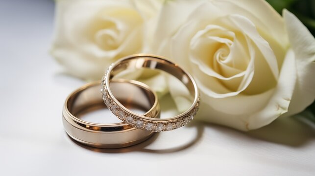 Wedding rings for the groom and bride, embedded with small diamons, exchanged sweetly in a tender wedding ceremony, symbolizing their love and commitment.