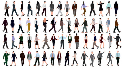 Set or collection of business people. Businessman and woman walking and standing on isolated white back ground. 