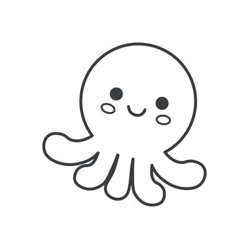 Kawaii element of set in black line design. Kawaii design on this endearing octopus character, accentuated by a black outline that enhances its charm. Vector illustration.