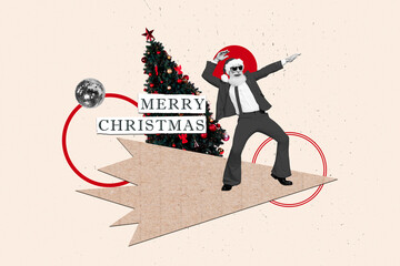 Composite collage picture image of santa claus dancing cool stylish christmas new year greeting...