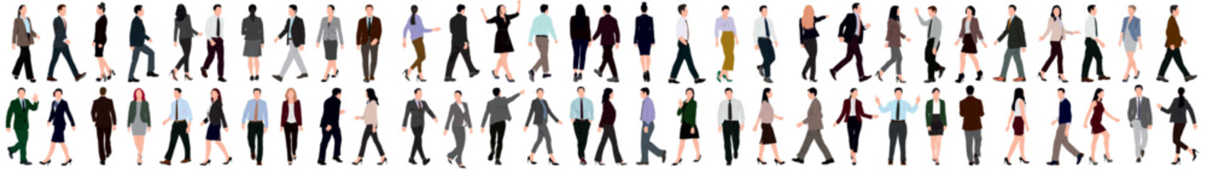 Set of business people walking and standing. Collection of businessman and woman.  Men and women in full length. Inclusive business concept. Vector illustration isolated on white background. - obrazy, fototapety, plakaty