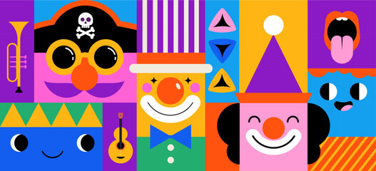 Happy Carnival, colorful geometric background with splashes, speech bubbles, masks and confetti 