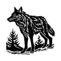 Wolf in the forest - cartoon black and white illustration