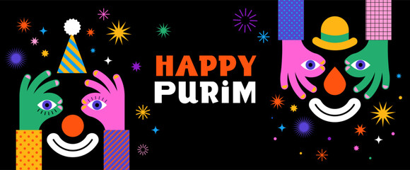 Purim Carnival, Happy Carnival, colorful geometric background with clown, splashes, speech bubbles, masks and confetti 