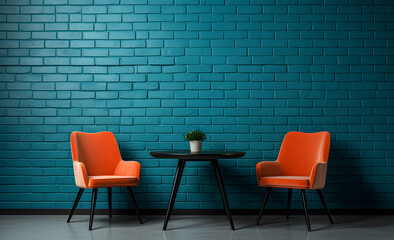 Modern teal and orange chairs and table isolated on a modern brick wall, minimalist interior background.