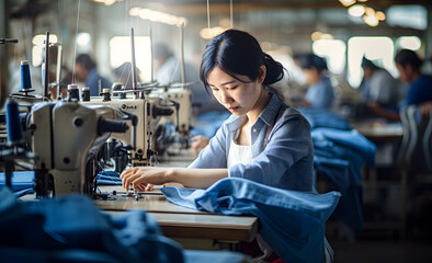 Photograph of an Asian seamstress in a textile factory sewing on industrial sewing machines.
