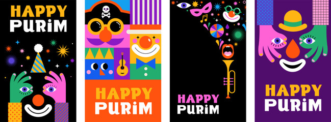 Purim carnival greeting card collection, Happy Carnival, colorful geometric background with splashes, speech bubbles, masks and confetti 